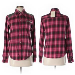 What Goes Around Comes Around Pink & Black Plaid Stud Button Front Shirt Sz S